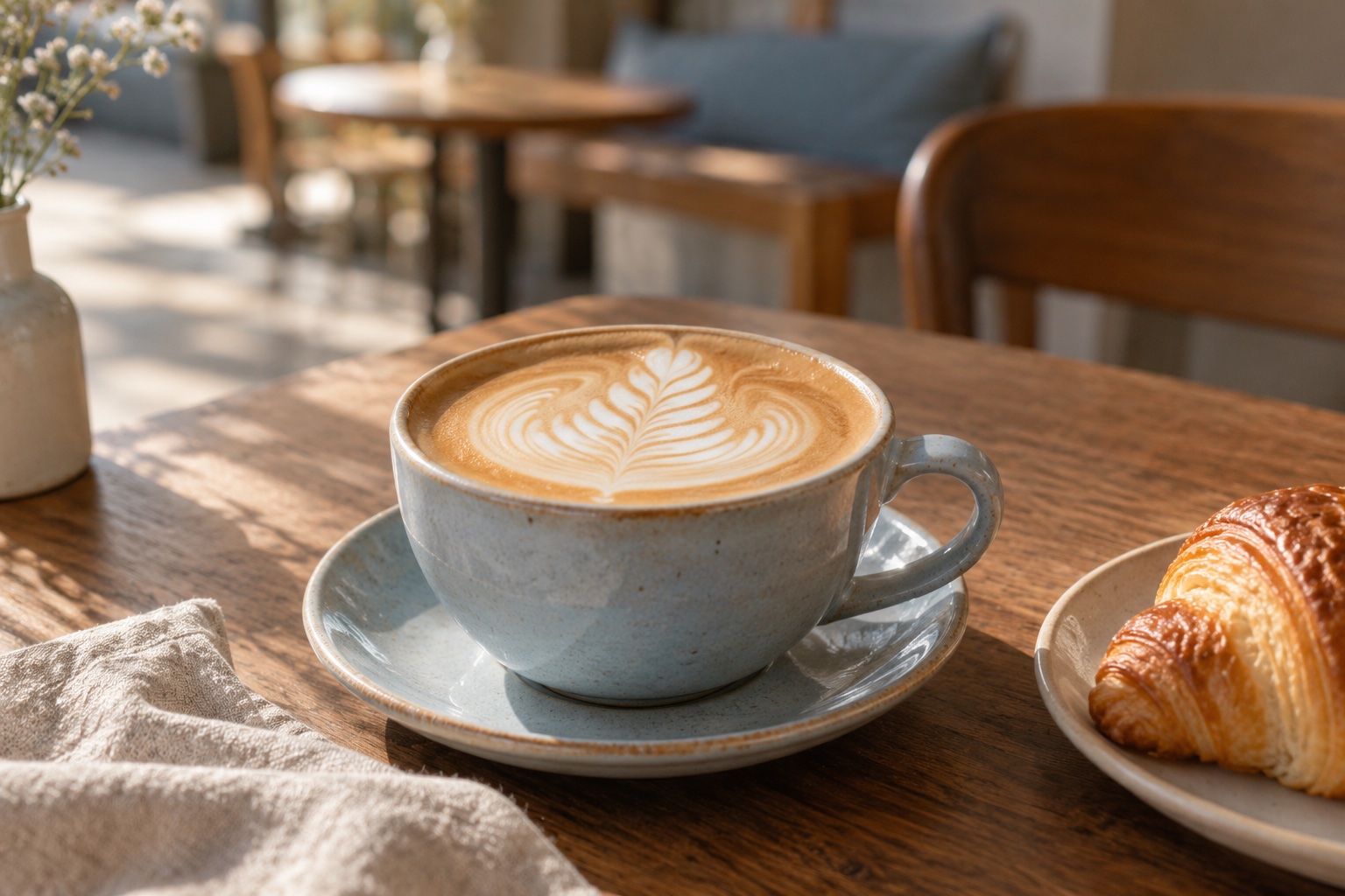 Café latte em uma xícara azul pastel, com croissant e luz suave sobre a mesa de madeira