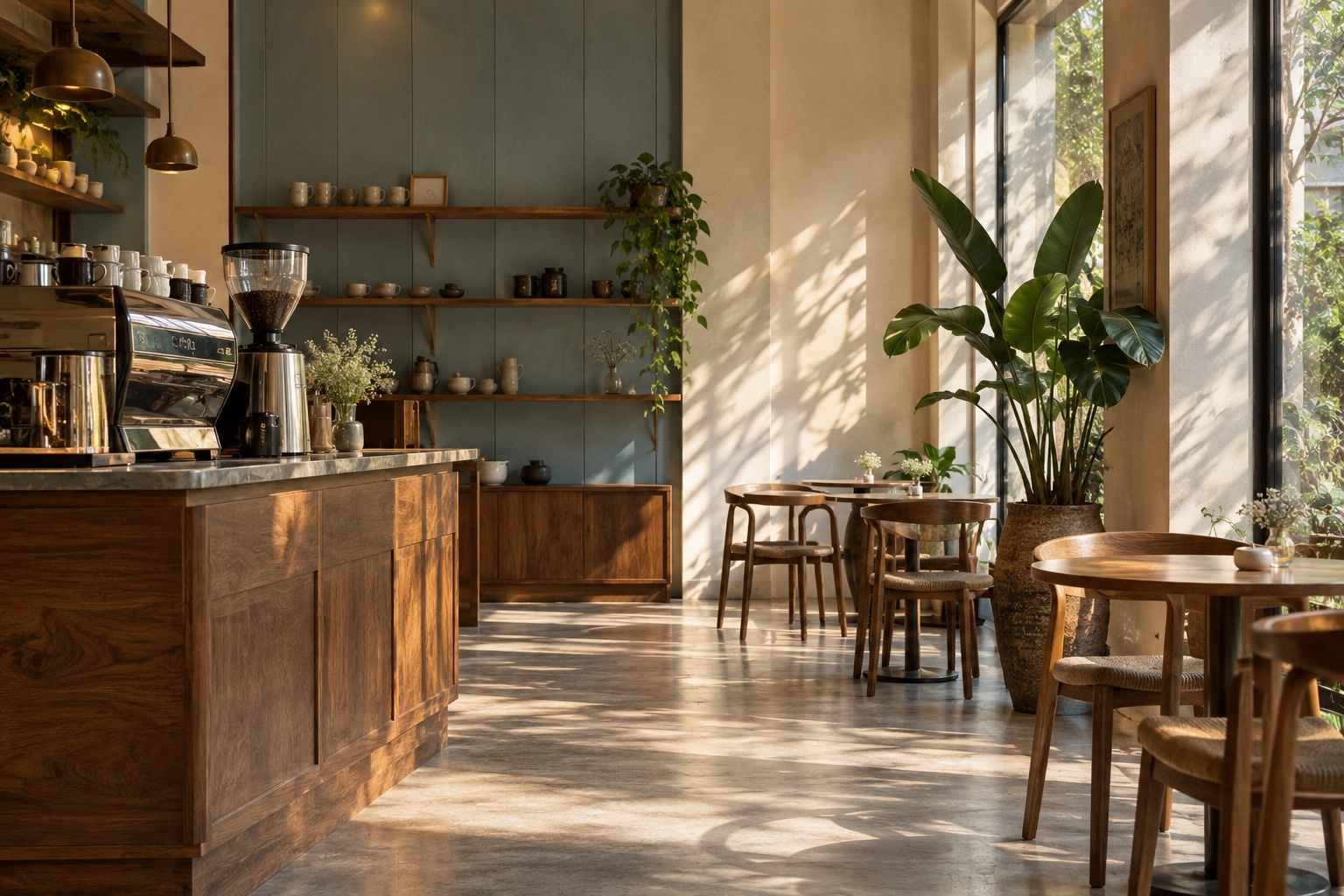 Interior acolhedor da cafeteria, com madeira, detalhes azuis e luz natural